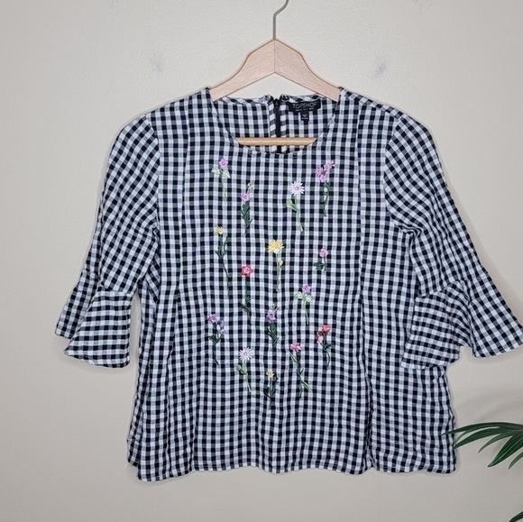 Topshop | Black White Gingham Check Shirt with Floral Embroidery - Picture 1 of 5